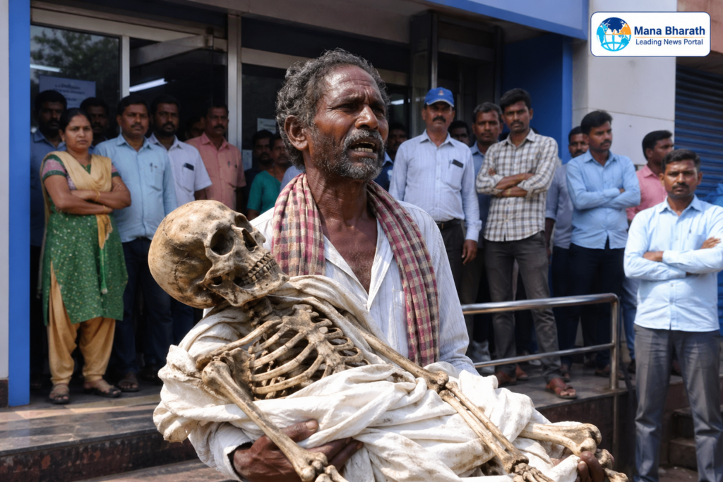 అమానుషం.. హక్కు కోసం అస్థిపంజరంతో బ్యాంకుకు.!